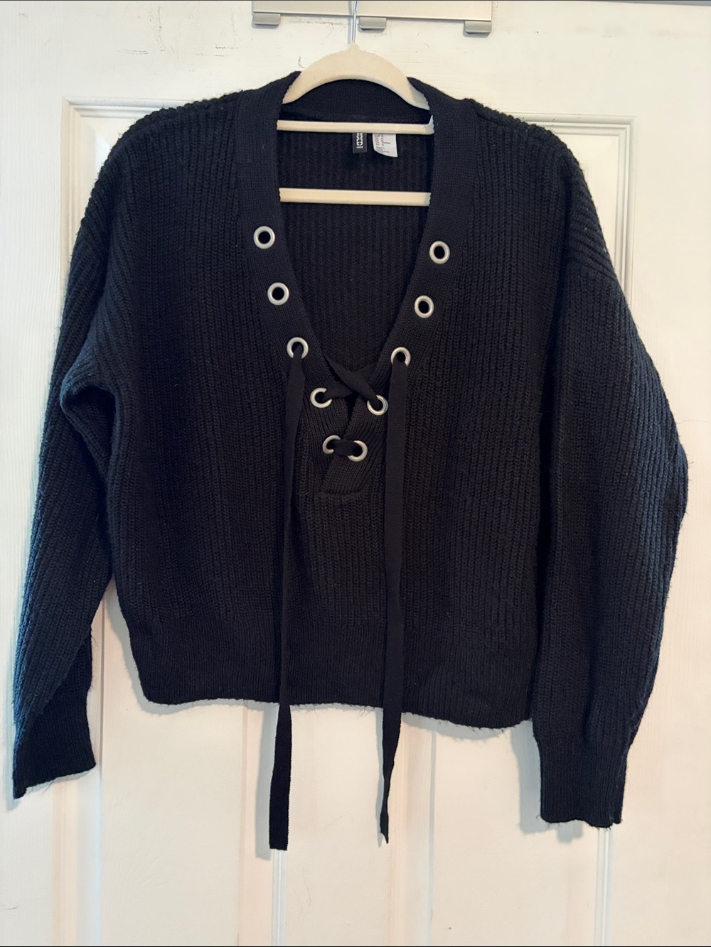Black Lace-Up V-Neck Sweater - Women